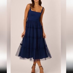 ADRIANNA PAPELL Midi Dress With Square Neck And Tiered Skirt In Navy - Size 12